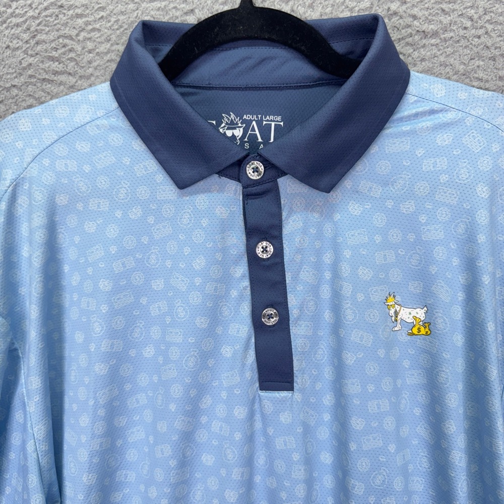 GOAT USA Polo Shirt Mens L Blue Performance Golf Money Print Logo Preppy Office